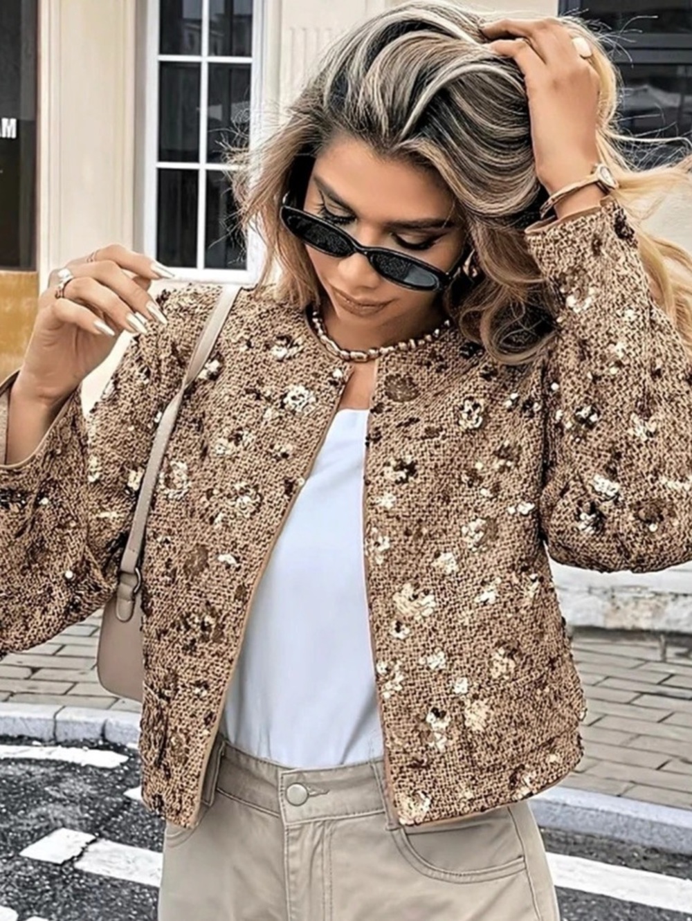 NWT. Gold Sequin Tweed Cropped Jacket Brown & Gold